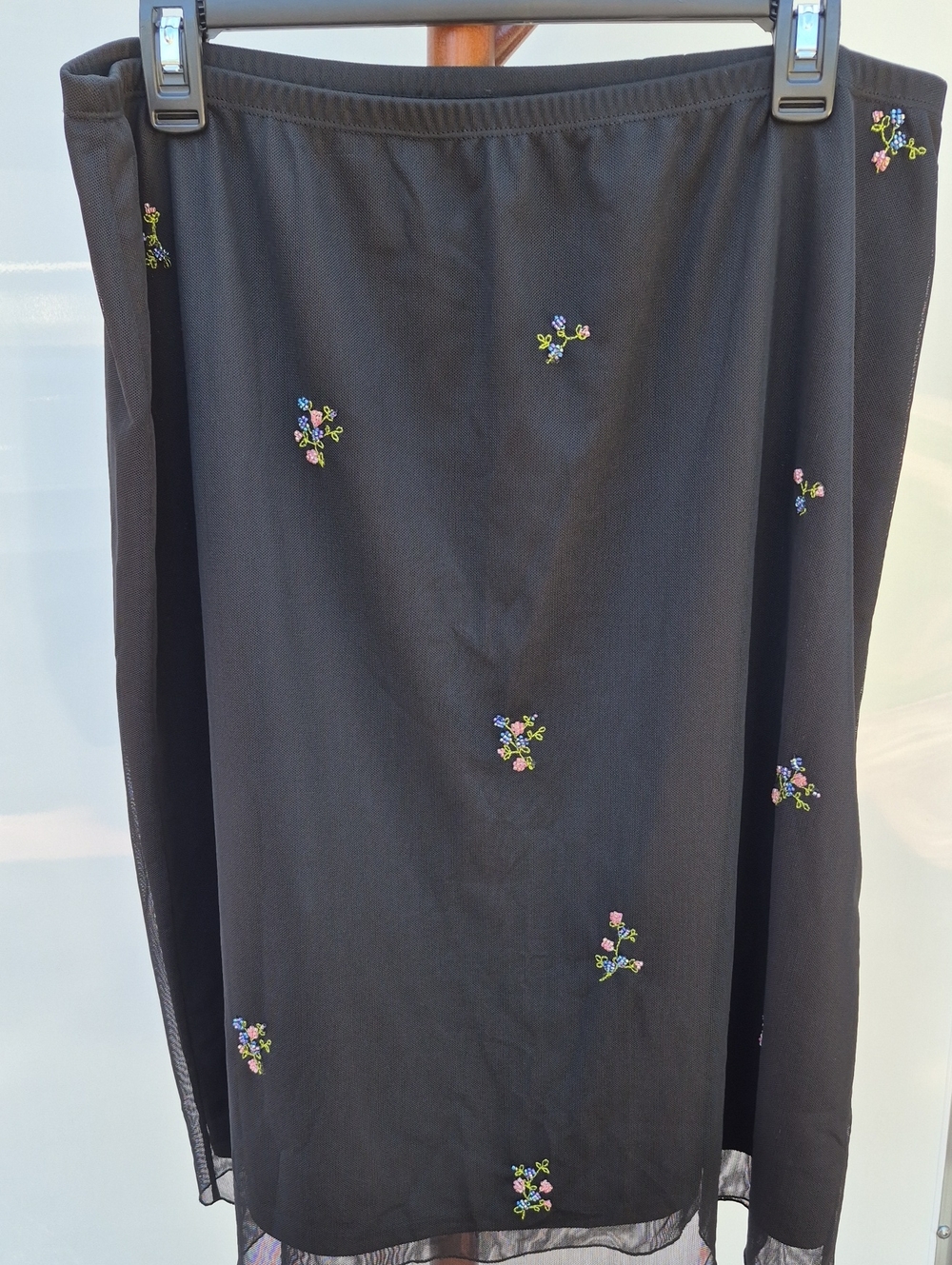 BCBG Black Midi Skirt with Small Pink, Blue & Green Floral Embroidery